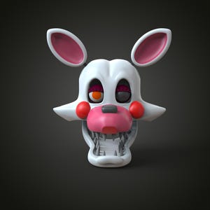 May include: A white, stylized character head with pink accents, red cheeks, and a pink snout. The character has large, expressive eyes, one orange and one dark, and a wide, toothy grin. Two pink-lined ears extend upwards.