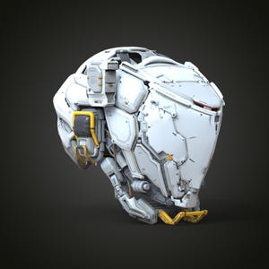 May include: A futuristic, white and grey mechanical device with yellow detailing. The design features geometric panels, visible mechanical components, and a complex, angular structure. The device has a rounded top and a more defined lower section.