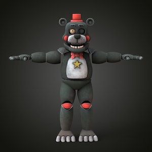 May include: A 3D render of a dark grey bear-like character wearing a red top hat and bow tie. The character has a white chest with a gold star, red knee pads, and a single yellow eye. The bear is standing with arms outstretched.