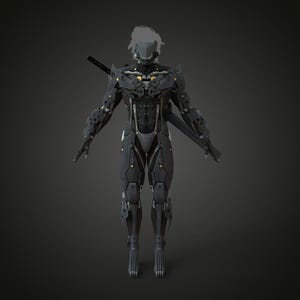 K&ouml;nnte beinhalten: Ganzk&ouml;rperbild einer futuristischen, roboterhaften Figur in einem dunkelgrauen und schwarzen Panzeranzug. Die Figur hat einen Helm, ein Katana-Schwert auf dem R&uuml;cken und goldene Akzente. Die Pose ist aufrecht mit ausgestreckten Armen.