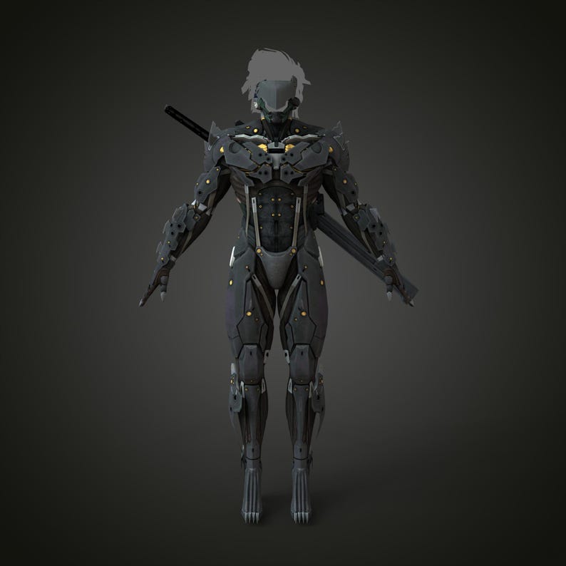 K&ouml;nnte beinhalten: Ganzk&ouml;rperbild einer futuristischen, roboterhaften Figur in einem dunkelgrauen und schwarzen Panzeranzug. Die Figur hat einen Helm, ein Katana-Schwert auf dem R&uuml;cken und goldene Akzente. Die Pose ist aufrecht mit ausgestreckten Armen.