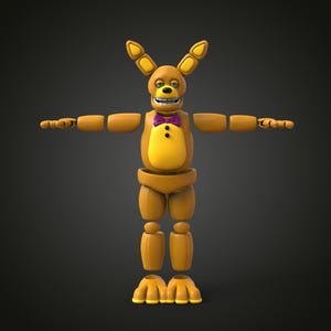May include: A 3D-rendered, anthropomorphic character with a yellow and brown color scheme. The character has large, upright ears, a smiling face, and a purple bow tie. Its arms are outstretched, and it has a yellow belly and feet.