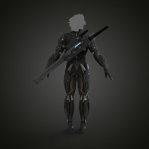 K&ouml;nnte beinhalten: Ein futuristischer, schwarz-grauer Anzug mit einem gro&szlig;en Gewehr auf dem R&uuml;cken. Der Anzug hat komplizierte Details mit gelben und blauen Akzenten. Der Kopf der Figur ist verdeckt.