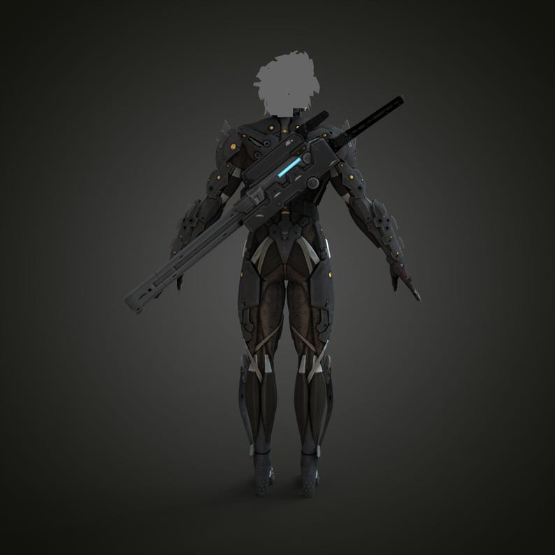 K&ouml;nnte beinhalten: Ein futuristischer, schwarz-grauer Anzug mit einem gro&szlig;en Gewehr auf dem R&uuml;cken. Der Anzug hat komplizierte Details mit gelben und blauen Akzenten. Der Kopf der Figur ist verdeckt.