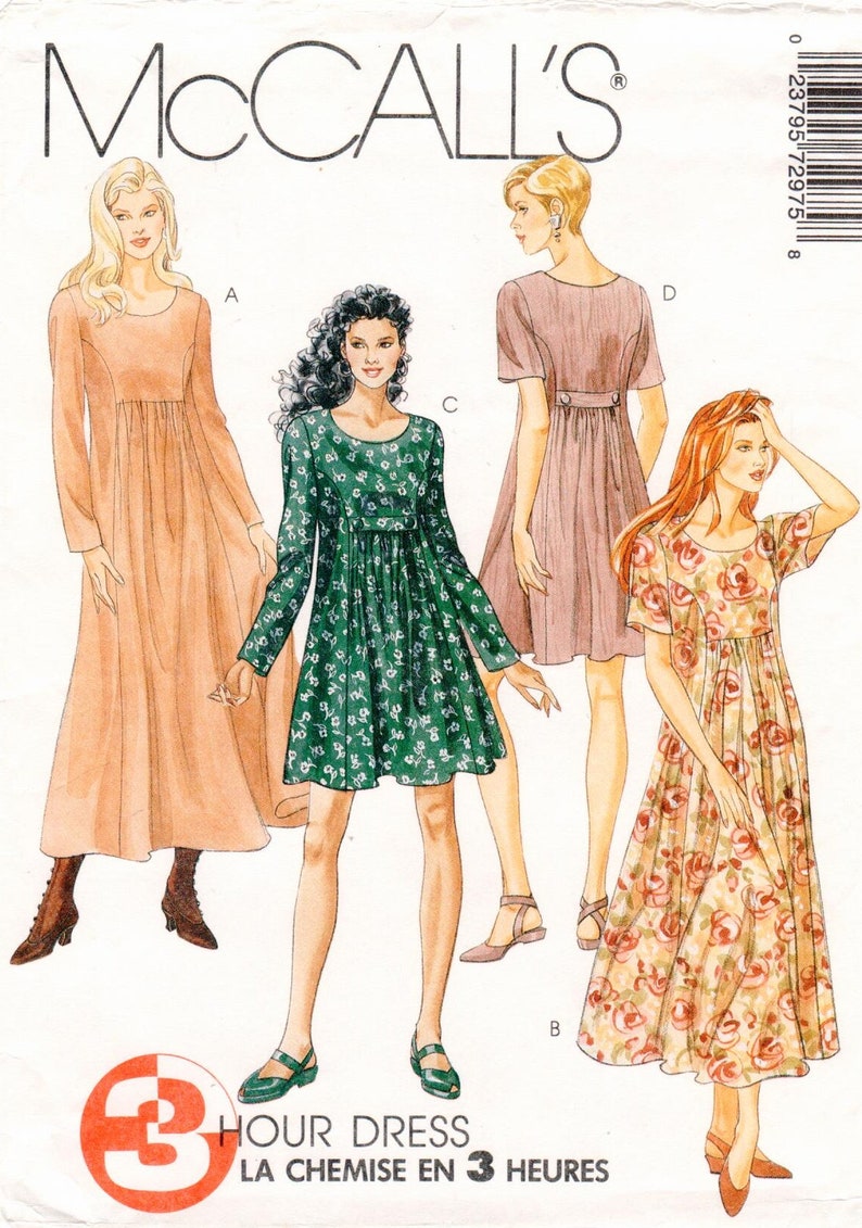 Pullover Dress Princess Seams LongShort Sleeves 14-18 Misses Loose-Fitting McCall/'s Pattern 7297 Vintage FrontBack Gathers Uncut