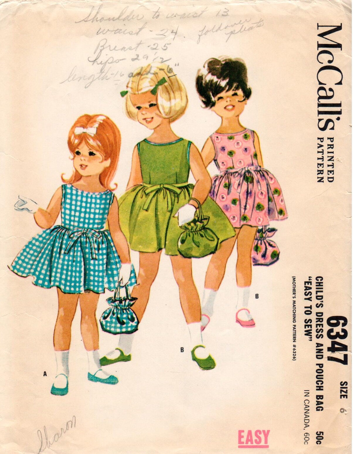 6 Girls Back Buttoned Pouch Bag Gathered Skirt Rounded Neckline Three-Gore 1960s Vintage Sleeveless Dress McCall's Pattern 6347