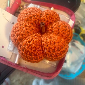 May include: A crocheted orange pumpkin with a cinnamon stick stem. The pumpkin is sitting in a pink and clear plastic container.
