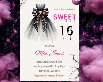 Invito spettrale per i 16 anni / Invito per festa di compleanno di Halloween in stile gotico / Modello stampabile per abito con fiocco e teschio / Download digitale istantaneo in stile gotico