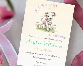 Invito per baby shower con tema Ariete / Invito stampabile per baby shower con agnello e granella / Download digitale per baby shower con oroscopo / Tema segno zodiacale pecora