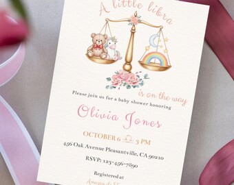 Invito baby shower Little Libra / Invito modificabile a tema orso e unicorno / Download digitale delle scale dell'oroscopo / Modello per baby shower astrologico