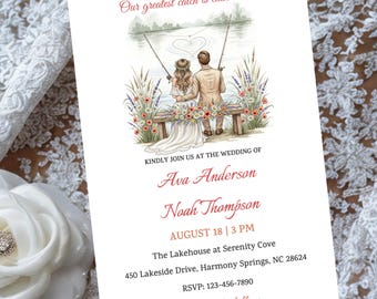 Invito rustico per matrimonio a tema pesca / Invito per matrimonio in campagna / Modello stampabile per matrimonio in riva al lago / Download digitale / La nostra cattura più grande
