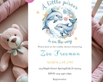 Invito baby shower Little Pisces / Invito stampabile con delfino e granelli / Download digitale sotto il mare / Baby shower astrologico