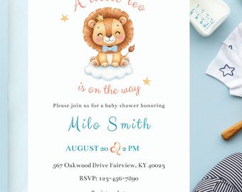 Invito per baby shower Leone / Tema segno zodiacale Leone / Modello modificabile / Invito per baby shower astrologico / Download per baby shower con oroscopo