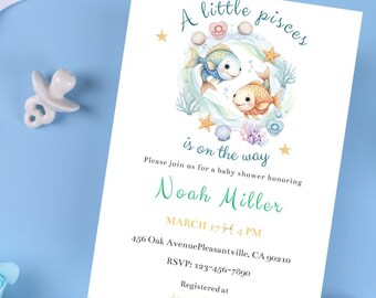 Invito per baby shower Pesci / Tema del segno zodiacale Pesci / Modello modificabile / Invito per baby shower astrologico / Download digitale sotto il mare