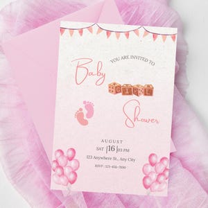Baby Shower Invitation Girl – Digital Download | Editable Canva Template | Cute Pink Baby Shower Invite | Download Printable Party Cards