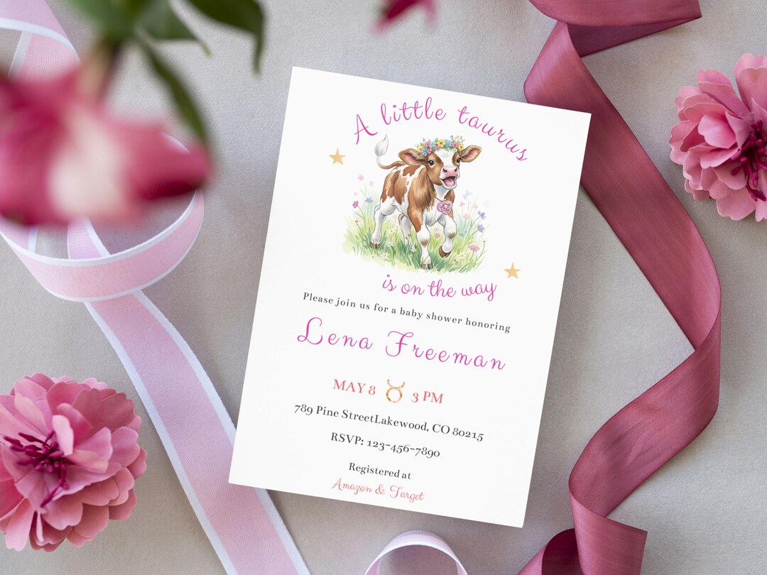Little Taurus Baby Girl Shower Invitation | Zodiac Sign Cow Theme ...