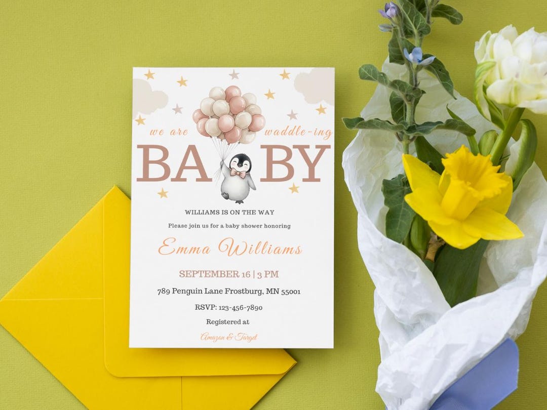 Penguin Baby Shower Editable Invitation | Waddle-ing Baby Shower Invite ...