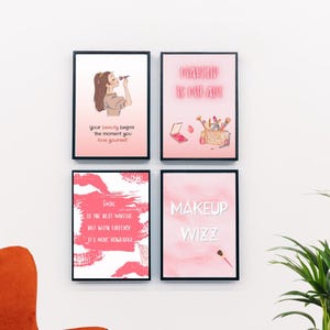 Makeup Wall Art Set of 4 | Pink Printable Posters for Beauty Lovers | Glam room Decor, Lipstick Quote Prints | Instant Download | Makeup Art