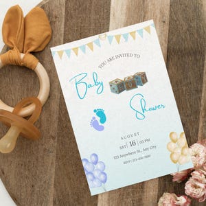 Babypartyeinladung Junge - Digital Download | Bearbeitbare Canva Vorlage | Niedliches Blau Babyparty einladen | Druckbare Partykarten