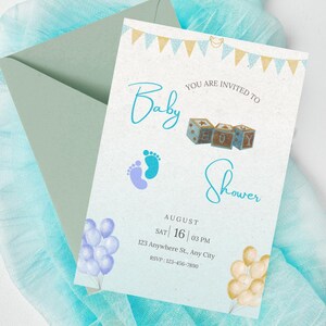 Editable Blue Baby Boy Shower Invitation | Digital Canva Template | Cute Printable Party Card Download