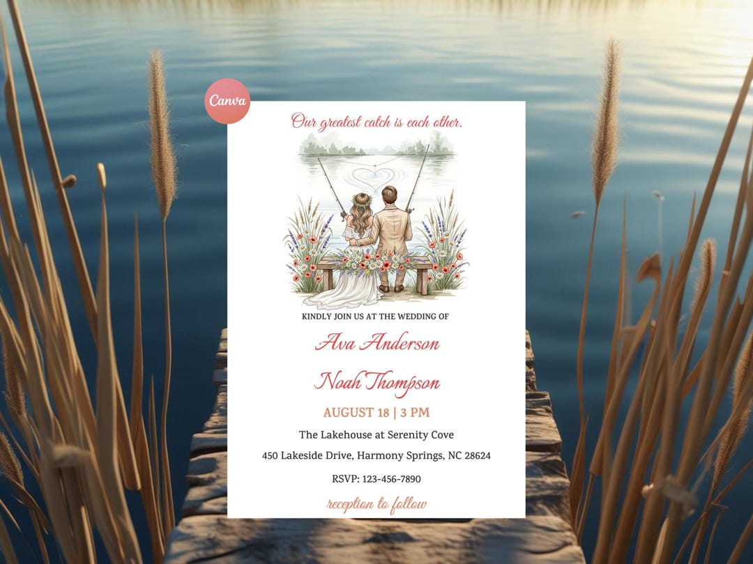 Editable Our Greatest Catch Wedding Invitation | Couple Fishing Themed Wedding | Rustic Lakeside ...