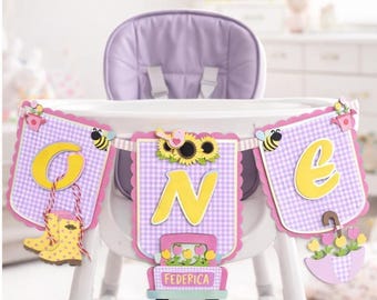High Chair Banner Spring Garden Party Deco, Banner One Spring Garden Theme personalized first birthday