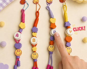 Personalized Initial Clicker Keychain Smiley Face Fidget Bag Charm Backpack Accessory for Girls