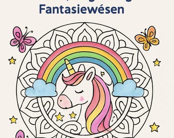 May include: A coloring book cover with the title "Magische Mandalas für Kinder" featuring a unicorn, rainbow, and butterflies. The design is a mandala with a unicorn under a rainbow, surrounded by stars and butterflies. Text at the bottom reads "Zum Ausmalen & Entspannen für kleine Künstler*innen."