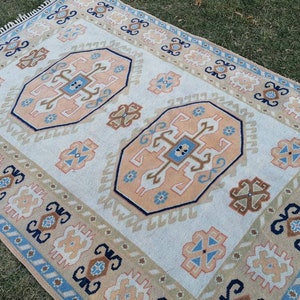 Oushak turkish rug 5&#39;8x8 pastel vintage rug, large living room rug, kitchen rug, vintage anatolian rug,unique hand made bohemian