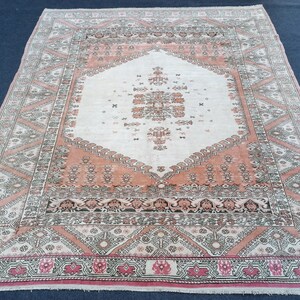 8&#39;x7&#39; oushak turkish rug, mute soft color vintage turkish rug, pastel oushak rug, fade vintage rug, kitchen rug, vintage anatolian rug