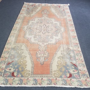 Pastel vintage rug, vintage handmade wool rug, oushak rug,rustic distressed rug 4x7&#39;7  feet