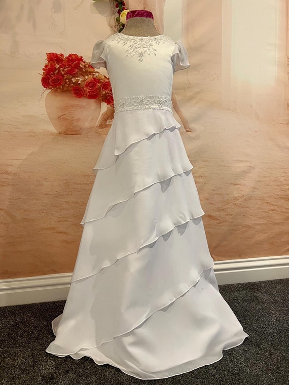 Hand-beaded Chiffon Holy Communion Dress: Flutter Sleeves Flower Girl Dress - Etsy Hand-beaded Chiffon Holy Communion Dress: Flutter Sleeves Flower Girl Dress - Etsy