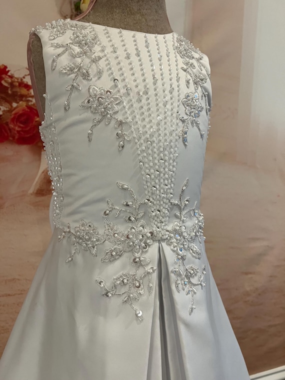 White Satin Flower Girl Dress: Hand-beaded Holy Communion Gown - Etsy White Satin Flower Girl Dress: Hand-beaded Holy Communion Gown - Etsy