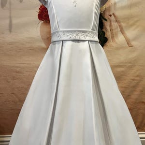 Elegant White Satin Communion Dress: Embroidered Flower Girl Dress