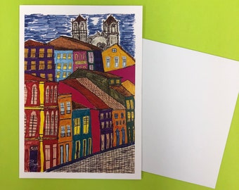 5"x7" card - Pretty Bright Colored Village - blank inside - envelope - Birthday Thank You Thinking of You - You Decide! Free Shipping in USA
