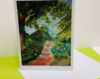 5x7 Note Card - Whimsical Green Garden Scene - Birthday, Thank You, Get Well, Sympathy - Blank Inside - Free Shipping in USA