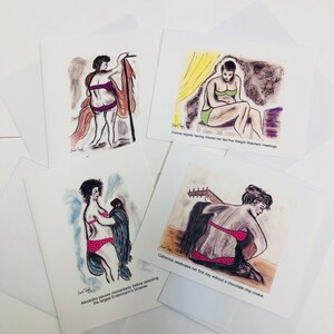 May include: Four illustrated greeting cards with humorous captions. Each card features a woman in a bikini, with different poses and settings. The captions are: "Fionna regrets having missed her last five Weight Watchers' meetings.", "Catherine celebrates her first day without a chocolate chip cookie.", "Alexandra pauses momentarily before selecting the largest Entermann's brownie."