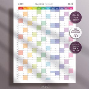 2025 2026 Academic Planner School Year Wall Calendar for Students & Teachers One page Printable Rainbow Quarterly Calendar Office Decor Gift