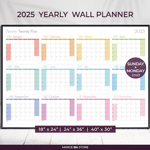 Agenda mural annuel 2025 pour bureau à domicile et entreprise | Calendrier pour la décoration de votre bureau à domicile | Calendrier annuel 12 mois | Coup d&#39;oeil sur l&#39;année