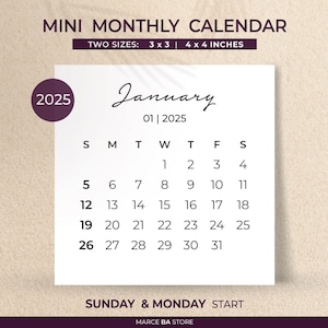 Mini Cartões de Calendário Mensal 2025. Elegante Calendário Quadrado de Bolso. PDF/JPG para impressão. Início no Domingo e Segunda-feira. Calendário de mesa 3x3 e 4x4 polegadas