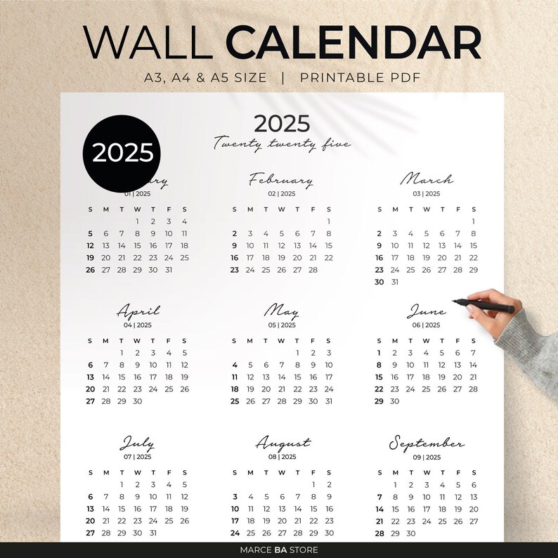 Yearly Calendar 2025 PDF Printable. Year at a Glance Portrait Calendar 2025. A3, A4 and A5