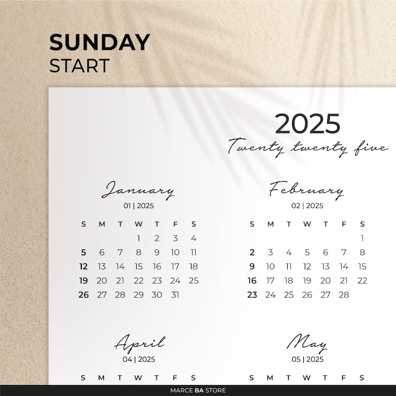 2025 Yearly Calendar PDF Printable. Year at a Glance Portrait Calendar 2025. A3, A4 and A5