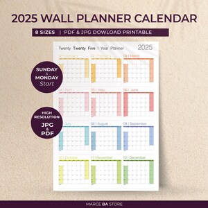 2025 Calendar 2025 Yearly Calendar Printable 2025 Wall Calendar 2025 Year Planner Minimalist Starts Sun or Mon  for Home, School, Office.