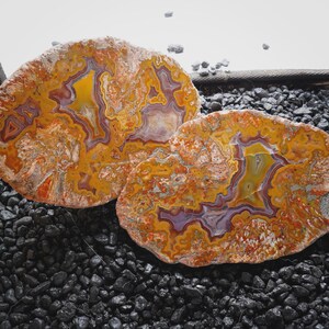 Puede incluir: Dos rodajas de ágata pulida con intrincadas bandas concéntricas en tonos vibrantes de naranja, amarillo y violeta intenso. Las piedras muestran una estructura cristalina translúcida con patrones orgánicos y arremolinados en sus superficies.