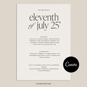 Moderne canvas kaartsjabloon bruiloftdetails | Volledig aanpasbaar ontwerp | Minimale lettertypen Tekst | Elegant en minimalistisch | Direct downloaden