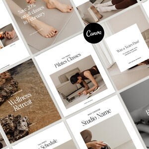 May include: A collection of social media posts for a Pilates studio. The posts feature images of people doing Pilates exercises, a wellness retreat, and a schedule of classes. The text on the posts includes "Save 20% on all classes in February", "This Week's Pilates Classes", "Wellness Retreat", "Why Choose Studio Name", "Win a Years Pass", "Coming Soon: Reforma Pilates", and "This Week's Schedule".
