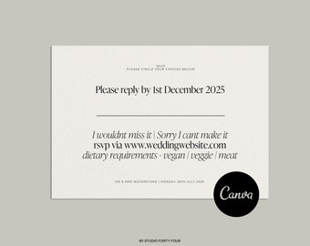 Modern Wedding RSVP Template: Elegant Minimalist Card (A6 Canva, Instant Download)