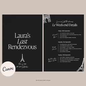 Plantilla Canva para despedida de soltera en París / Descarga digital estética / Fin de semana de despedida de soltera personalizable / Itinerario de despedida de soltera imprimible / Diseño editable