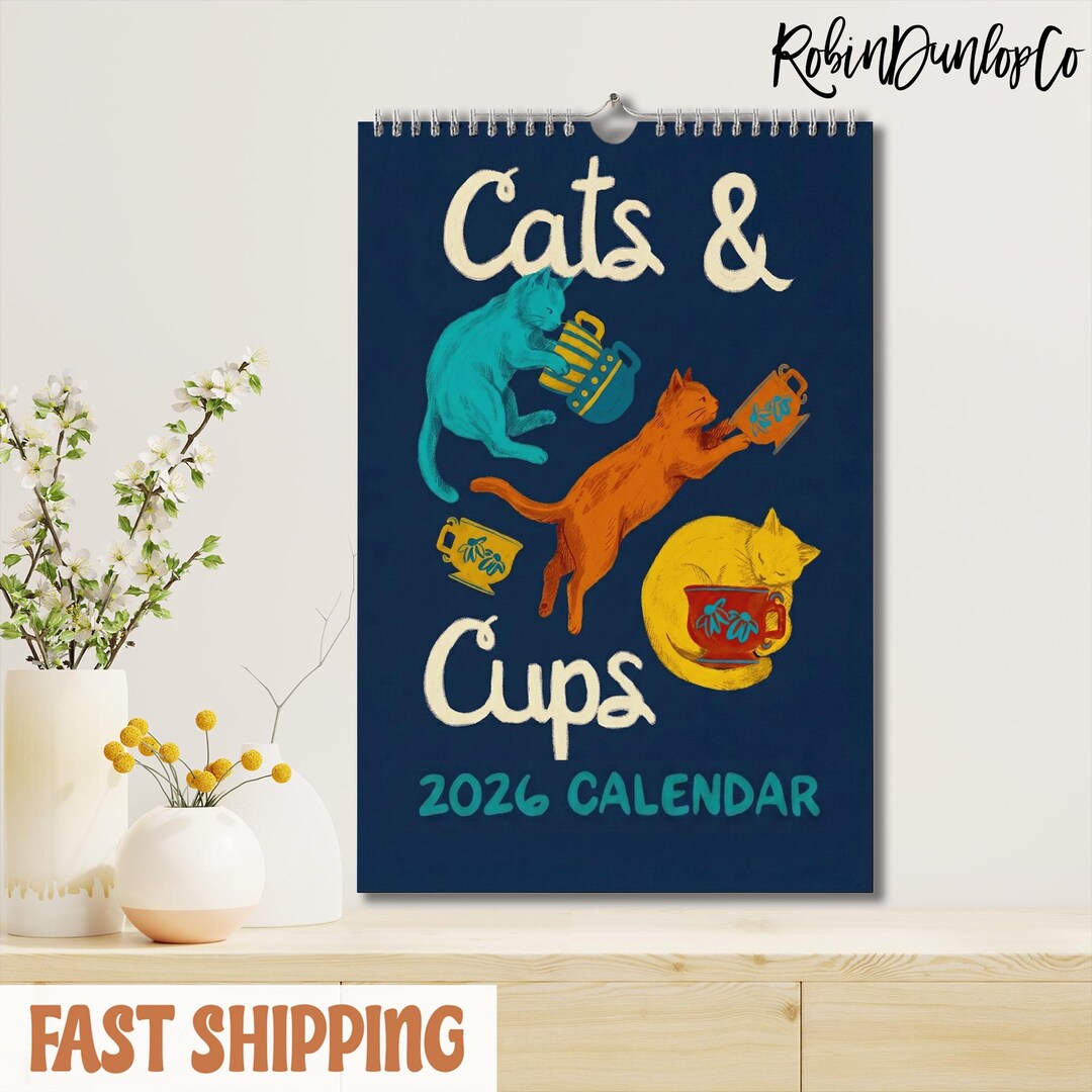 2026 Cats & Cups Illustrated A3 Calendar With Cozy Interiors, A4 ...