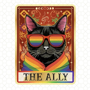 L'allié chat noir carte de tarot PNG, téléchargement numérique fierté LGBTQ, art esthétique sorcière queer, allié magique chat Png, Png du mois de la fierté